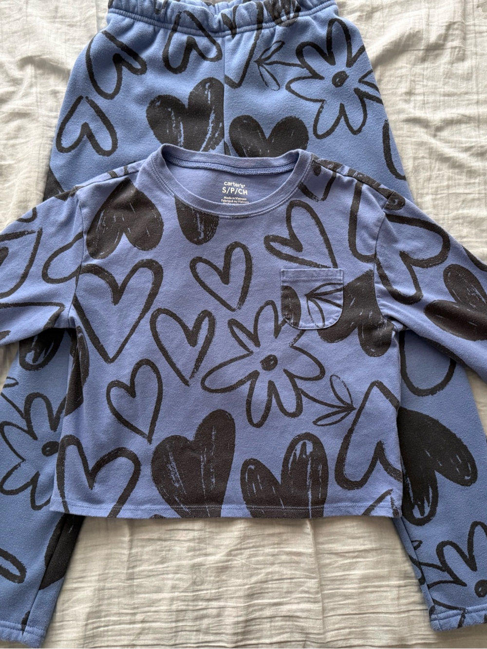 GAP Blue Pajama Set with Black Heart & Flower Print